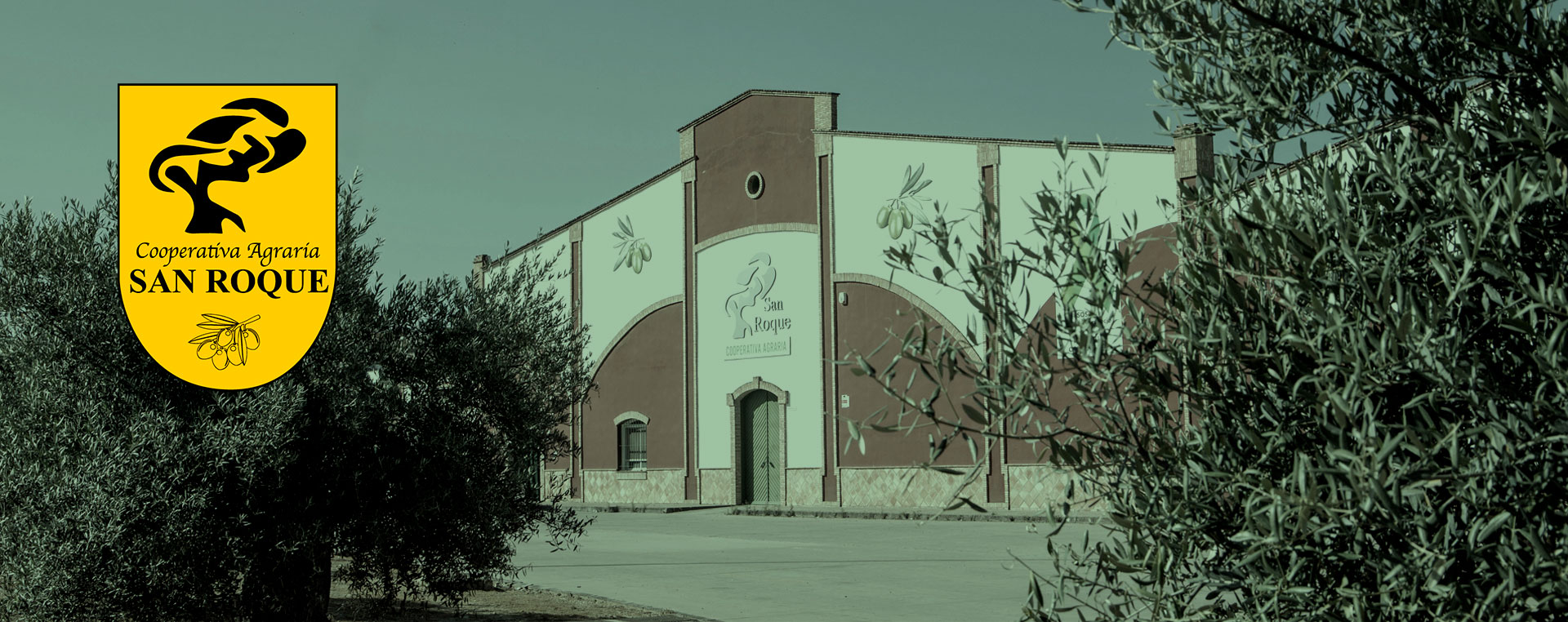 Sede de la Cooperativa San Roque rodeada de olivos con escudo amarillo