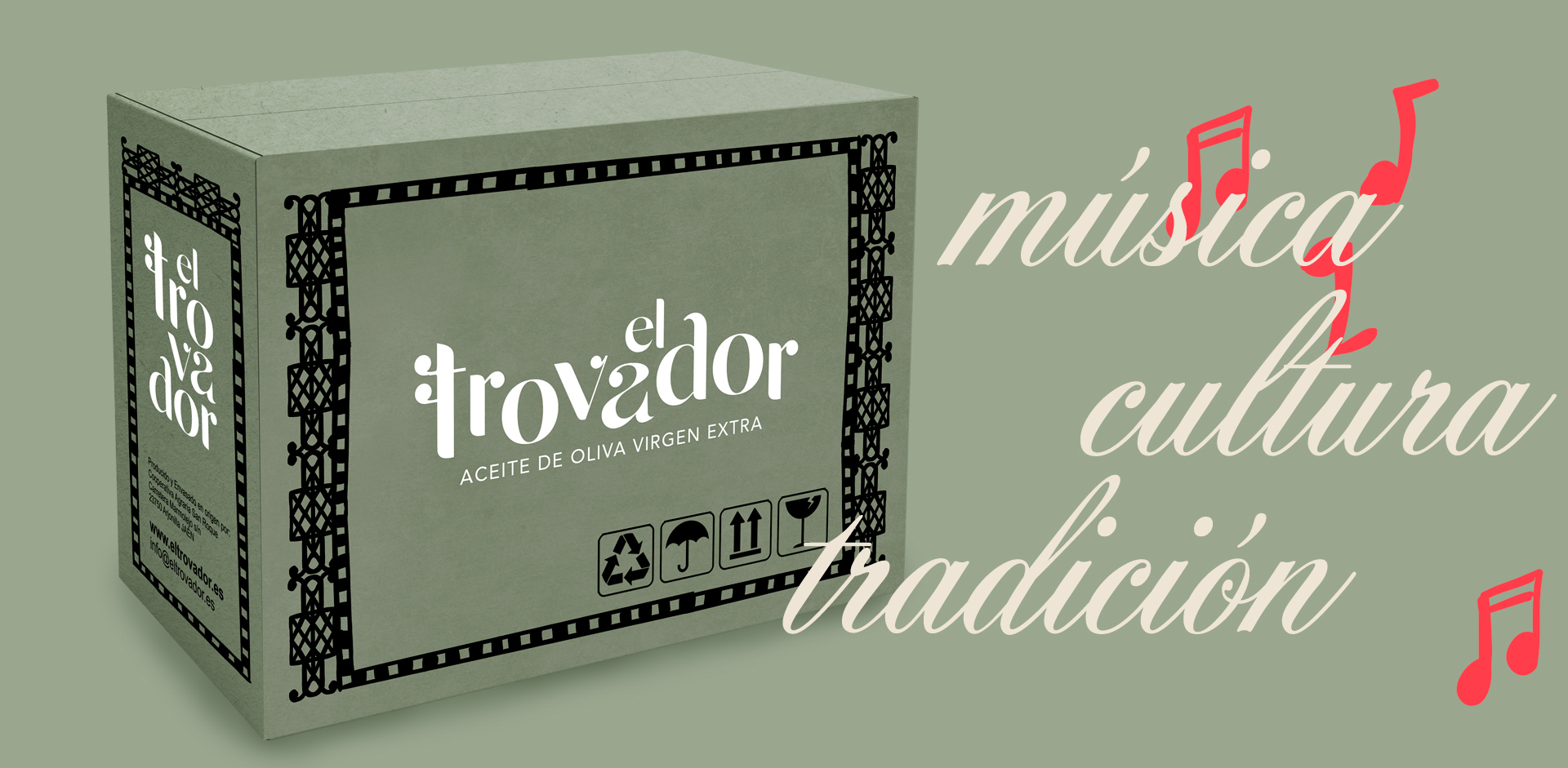 Caja de aceite El Trovador junto a las palabras música, cultura y tradición