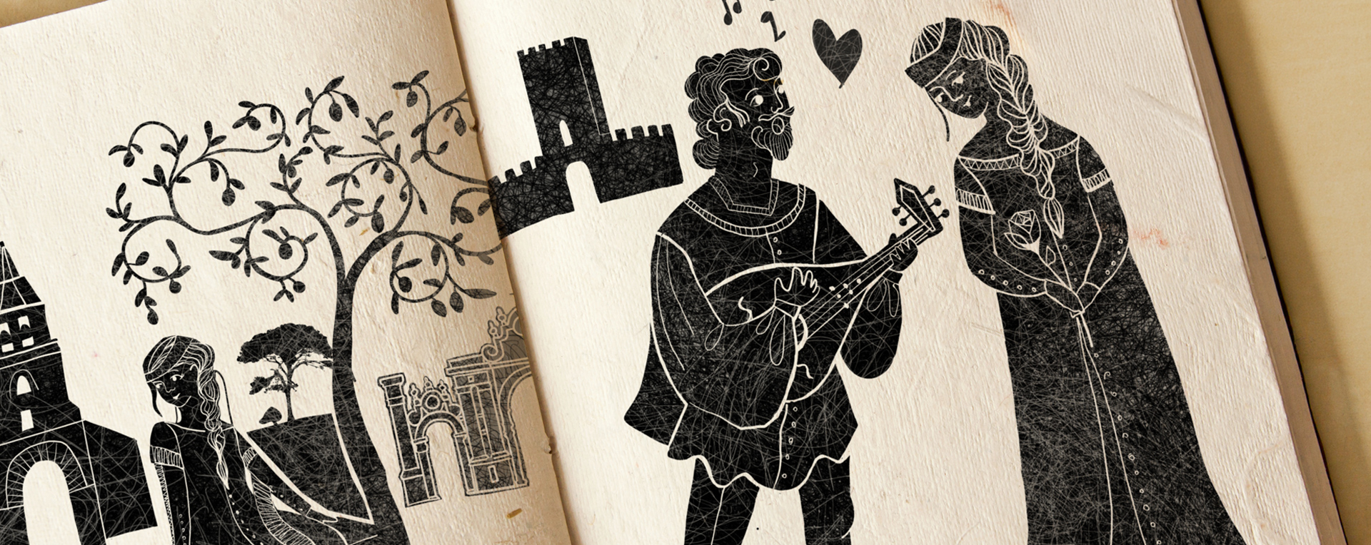 Ilustración serigrafiada del trovador con laúd, la dama, el castillo de Arjonilla y los olivos centenarios