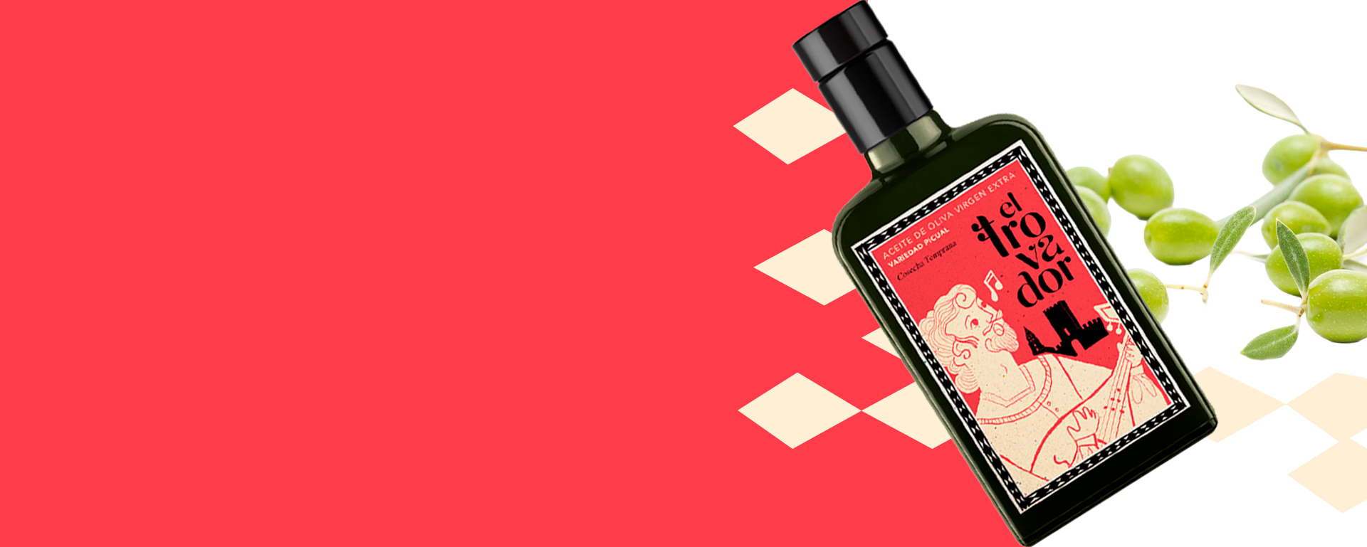 Botella El Trovador variedad Arbequina cosecha temprana con aceitunas